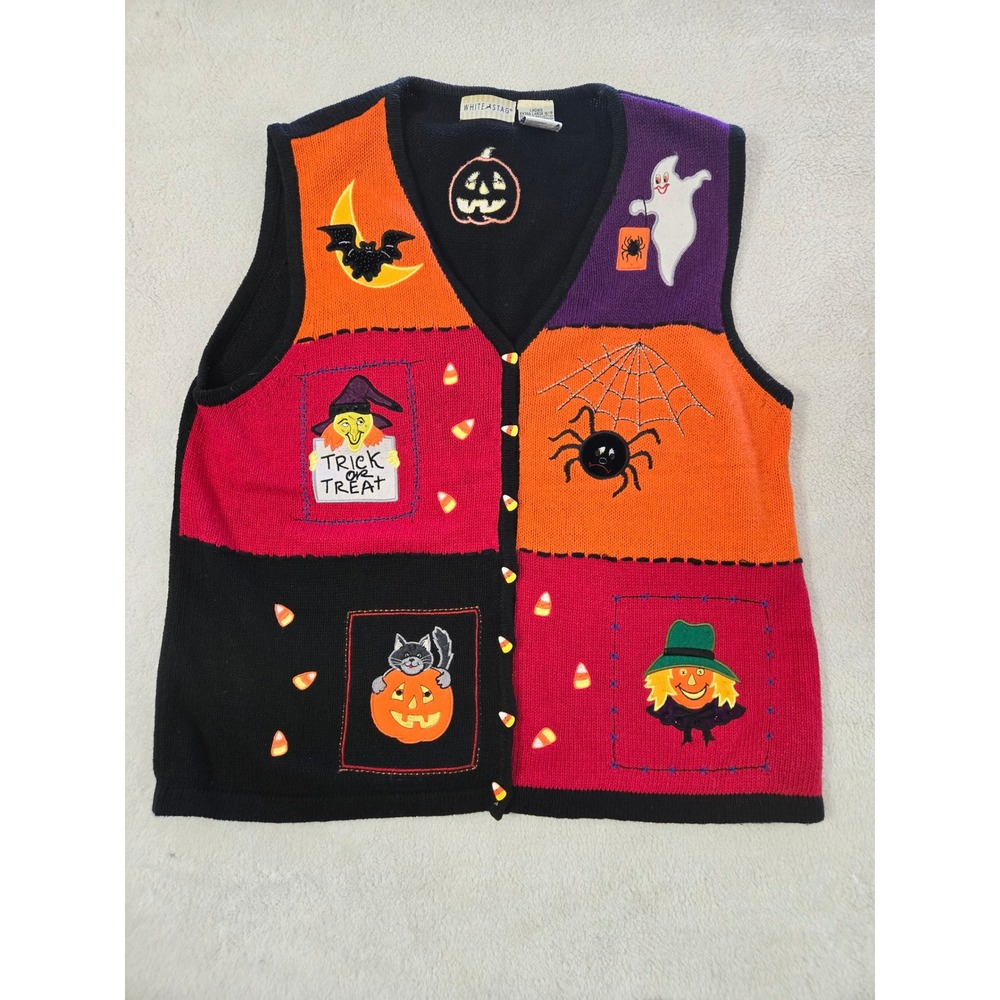 Vintage Halloween Sweater Vest XL Colorblock Candy Corn Buttons Spooky Knit